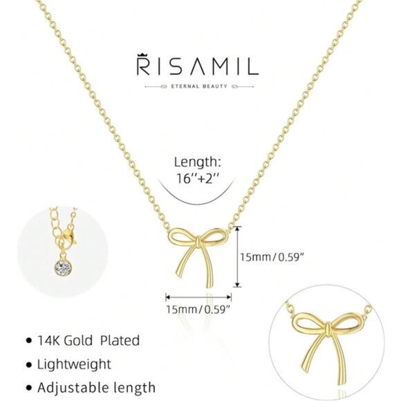 Dainty 14K Gold Necklace For Women Cute Small Tiny Bow Pendant Choker Chain - Picture 3 of 8